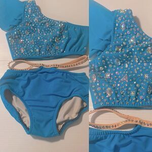 Custom made solo dance costume electric blue 2 piece set rhinestoned bling - 10